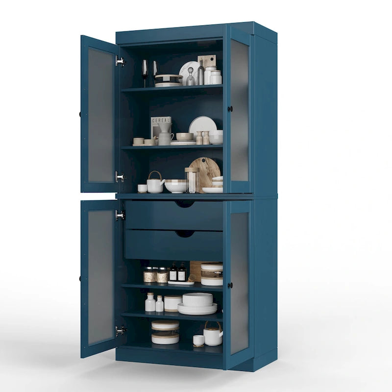 Vaisselier 100% pin massif | Portes en verre dépoli, 2 tiroirs | 81 cm (l) x 181,5 cm (H)