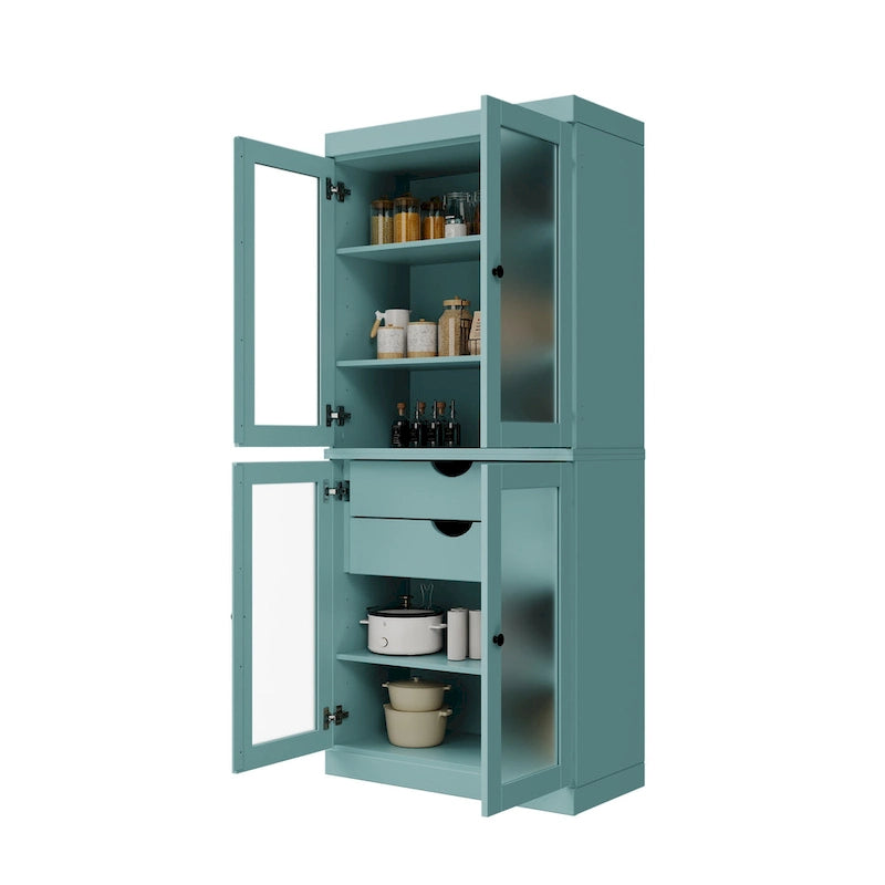 Vaisselier 100% pin massif | Portes en verre dépoli, 2 tiroirs | 81 cm (l) x 181,5 cm (H)