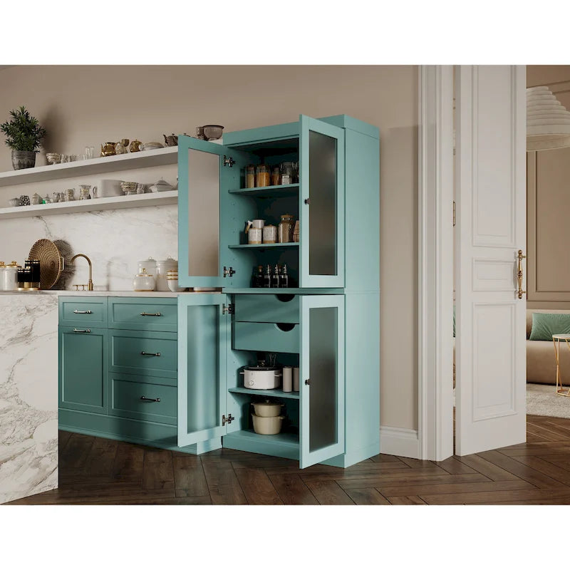 Vaisselier 100% pin massif | Portes en verre dépoli, 2 tiroirs | 81 cm (l) x 181,5 cm (H)