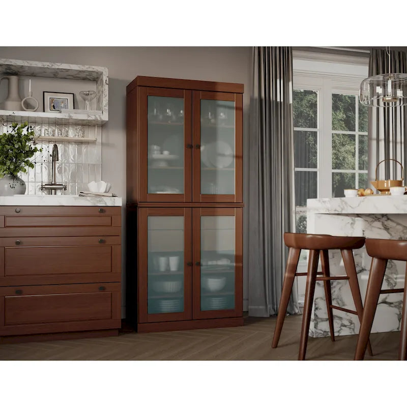 Vaisselier 100% pin massif | Portes en verre dépoli, 2 tiroirs | 81 cm (l) x 181,5 cm (H)