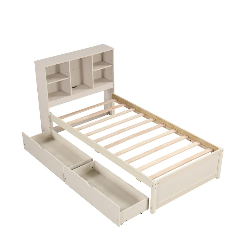 Lit double moderne | Tête de lit bibliothèque, port USB intégré et 2 tiroirs de rangement
