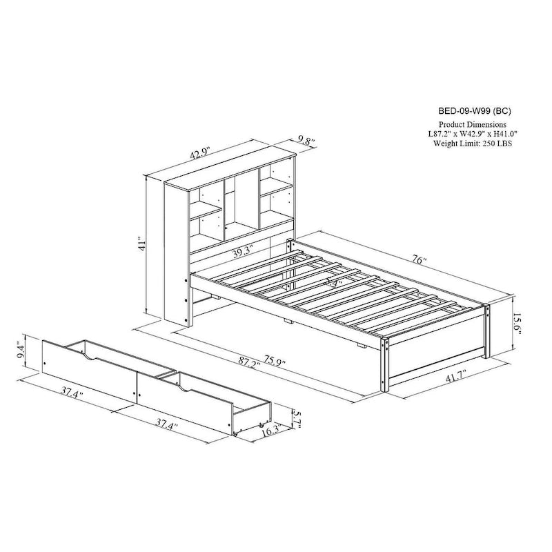 Lit double moderne | Tête de lit bibliothèque, port USB intégré et 2 tiroirs de rangement
