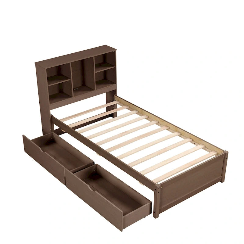 Lit double moderne | Tête de lit bibliothèque, port USB intégré et 2 tiroirs de rangement
