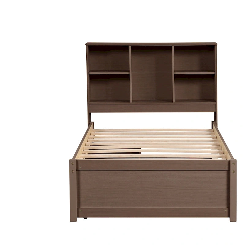 Lit double moderne | Tête de lit bibliothèque, port USB intégré et 2 tiroirs de rangement