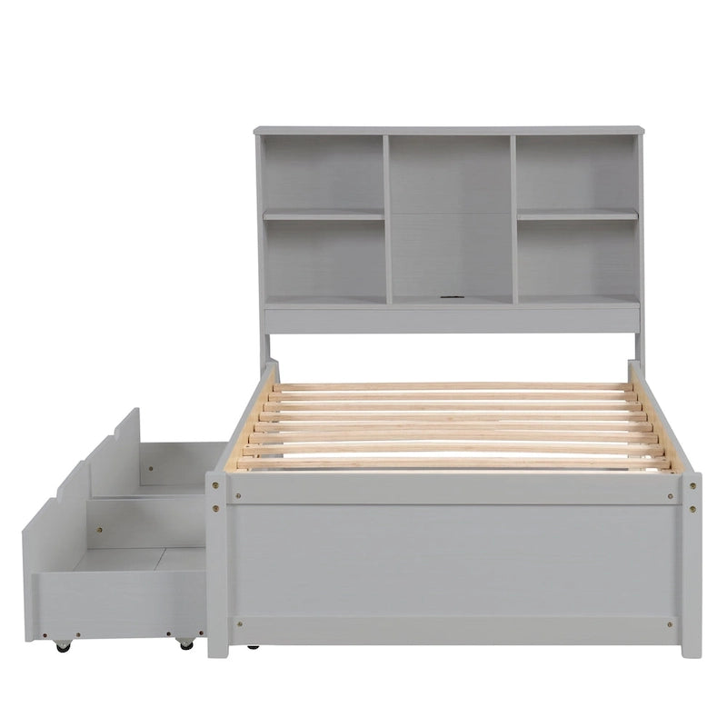 Lit double moderne | Tête de lit bibliothèque, port USB intégré et 2 tiroirs de rangement