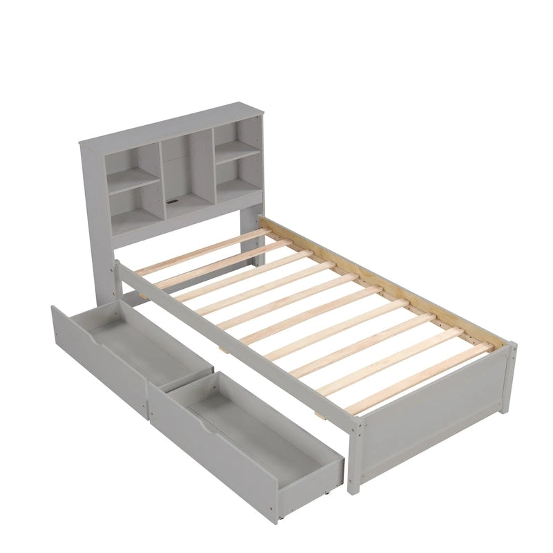 Lit double moderne | Tête de lit bibliothèque, port USB intégré et 2 tiroirs de rangement