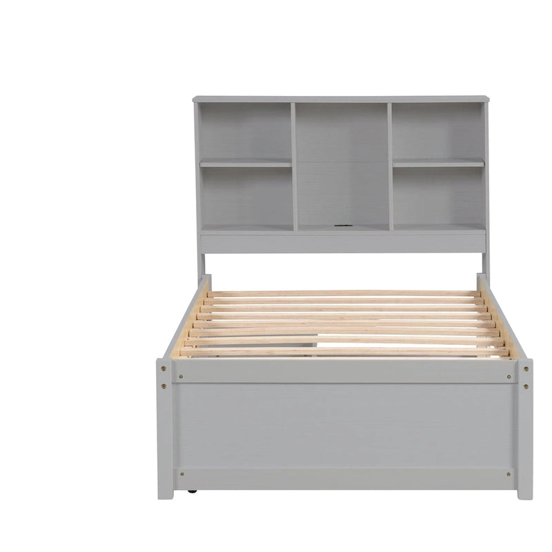 Lit double moderne | Tête de lit bibliothèque, port USB intégré et 2 tiroirs de rangement