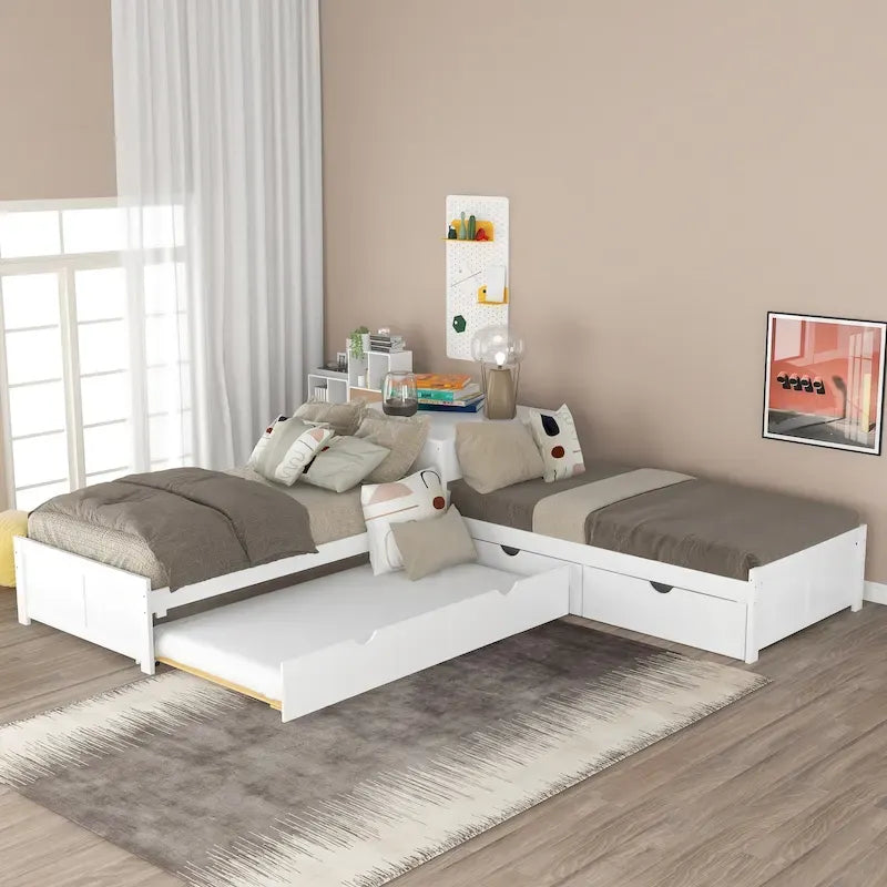 Lit mezzanine en L jumeau avec lit gigogne et tiroirs de rangement | Blanc, chambre d'enfant