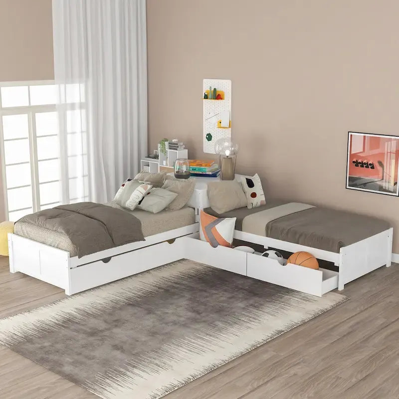 Lit mezzanine en L jumeau avec lit gigogne et tiroirs de rangement | Blanc, chambre d'enfant