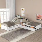 Lit mezzanine en L jumeau avec lit gigogne et tiroirs de rangement | Blanc, chambre d'enfant