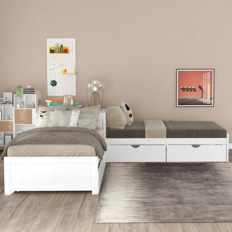 Lit mezzanine en L jumeau avec lit gigogne et tiroirs de rangement | Blanc, chambre d'enfant