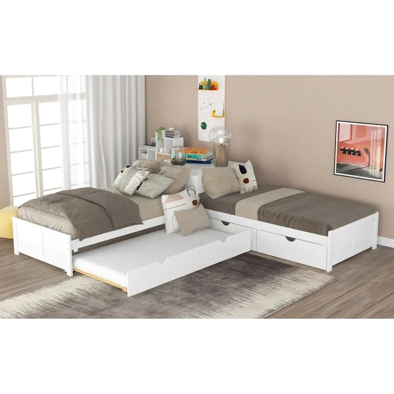 Lit mezzanine en L jumeau avec lit gigogne et tiroirs de rangement | Blanc, chambre d'enfant