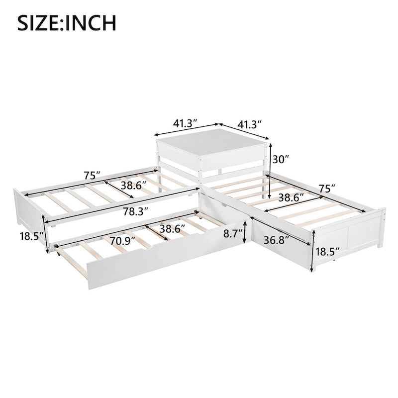 Lit mezzanine en L jumeau avec lit gigogne et tiroirs de rangement | Blanc, chambre d'enfant