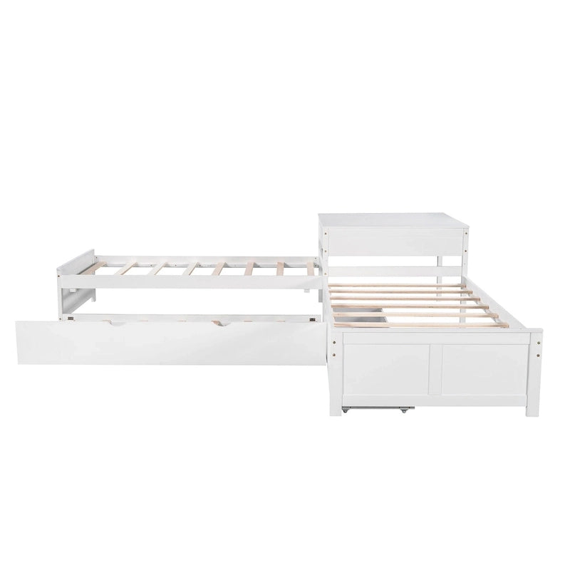 Lit mezzanine en L jumeau avec lit gigogne et tiroirs de rangement | Blanc, chambre d'enfant