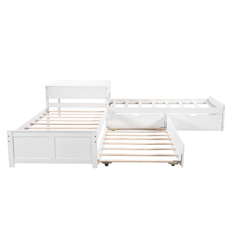 Lit mezzanine en L jumeau avec lit gigogne et tiroirs de rangement | Blanc, chambre d'enfant