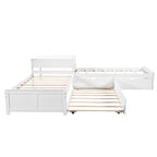 Lit mezzanine en L jumeau avec lit gigogne et tiroirs de rangement | Blanc, chambre d'enfant