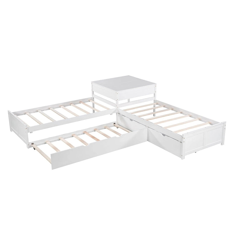 Lit mezzanine en L jumeau avec lit gigogne et tiroirs de rangement | Blanc, chambre d'enfant
