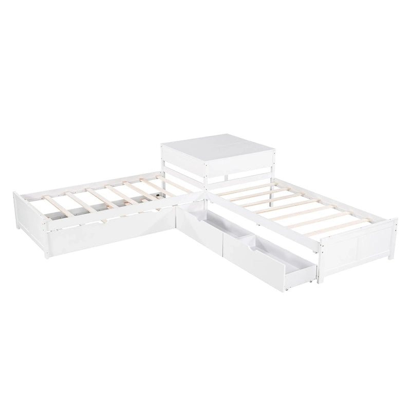 Lit mezzanine en L jumeau avec lit gigogne et tiroirs de rangement | Blanc, chambre d'enfant