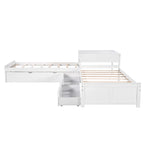 Lit mezzanine en L jumeau avec lit gigogne et tiroirs de rangement | Blanc, chambre d'enfant