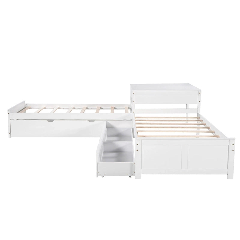 Lit mezzanine en L jumeau avec lit gigogne et tiroirs de rangement | Blanc, chambre d'enfant