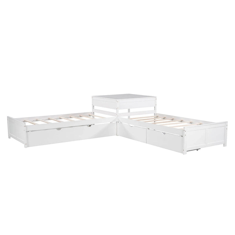 Lit mezzanine en L jumeau avec lit gigogne et tiroirs de rangement | Blanc, chambre d'enfant
