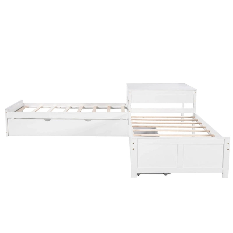Lit mezzanine en L jumeau avec lit gigogne et tiroirs de rangement | Blanc, chambre d'enfant