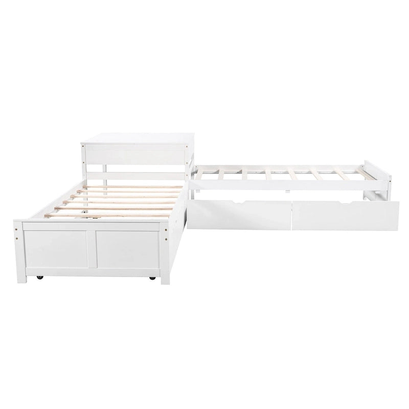 Lit mezzanine en L jumeau avec lit gigogne et tiroirs de rangement | Blanc, chambre d'enfant