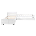 Lit mezzanine en L jumeau avec lit gigogne et tiroirs de rangement | Blanc, chambre d'enfant