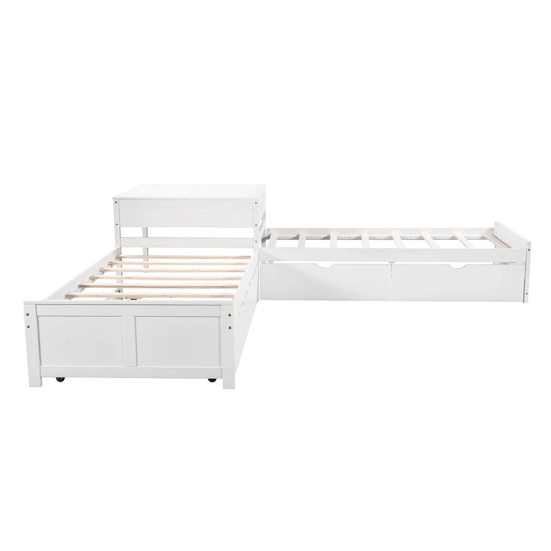 Lit mezzanine en L jumeau avec lit gigogne et tiroirs de rangement | Blanc, chambre d'enfant