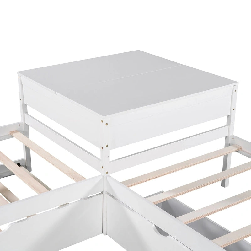 Lit mezzanine en L jumeau avec lit gigogne et tiroirs de rangement | Blanc, chambre d'enfant