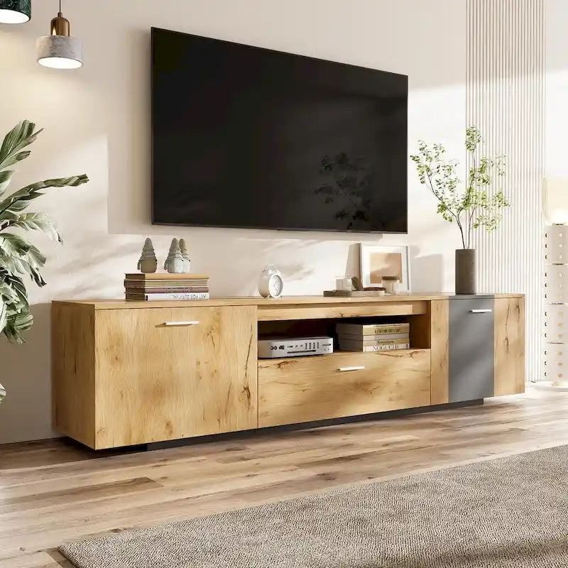 Meuble TV de 70,86" | Bois gris et naturel, 3 armoires et tiroir | Convient aux téléviseurs jusqu'à 80"