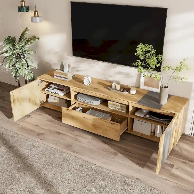 Meuble TV de 70,86" | Bois gris et naturel, 3 armoires et tiroir | Convient aux téléviseurs jusqu'à 80"