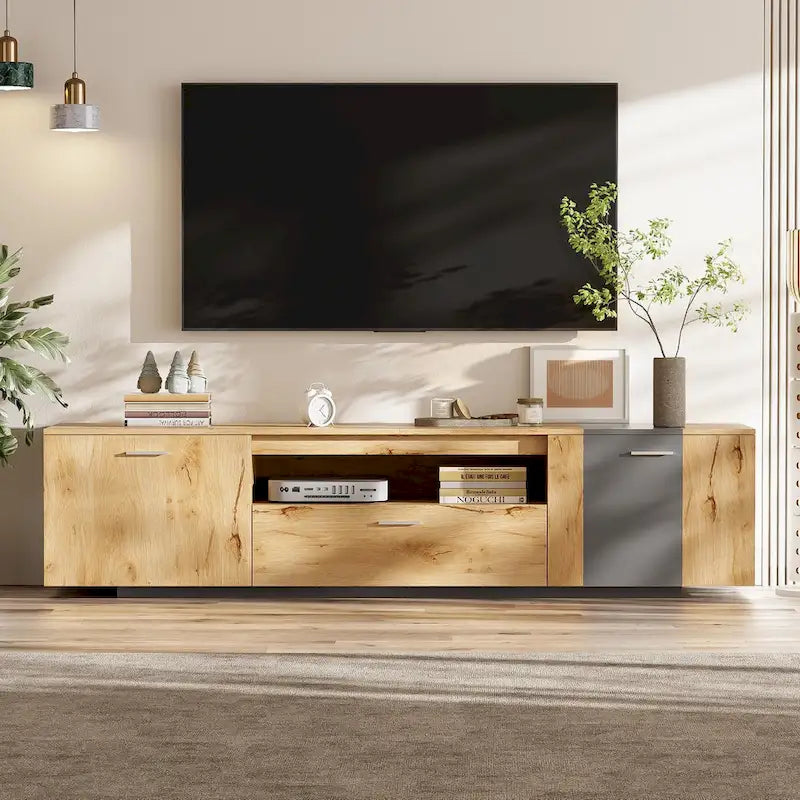 Meuble TV de 70,86" | Bois gris et naturel, 3 armoires et tiroir | Convient aux téléviseurs jusqu'à 80"