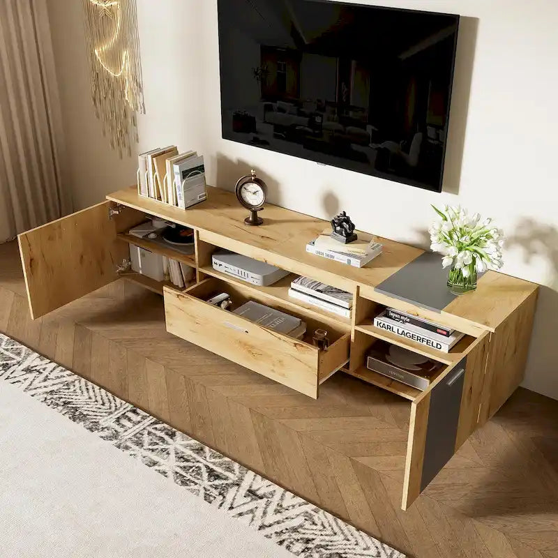 Meuble TV de 70,86" | Bois gris et naturel, 3 armoires et tiroir | Convient aux téléviseurs jusqu'à 80"
