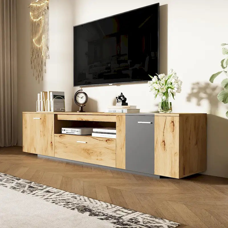 Meuble TV de 70,86" | Bois gris et naturel, 3 armoires et tiroir | Convient aux téléviseurs jusqu'à 80"
