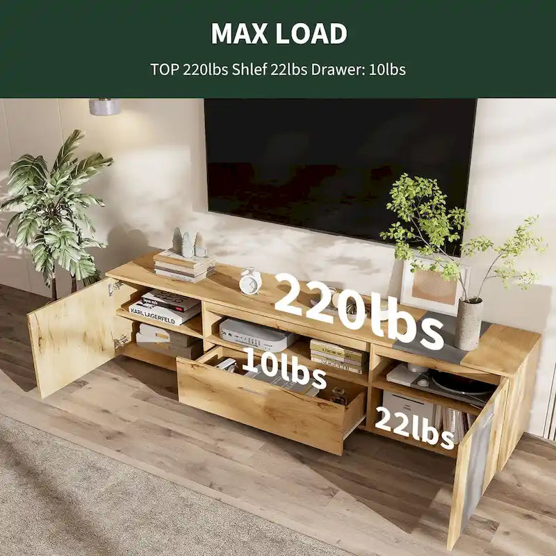 Meuble TV de 70,86" | Bois gris et naturel, 3 armoires et tiroir | Convient aux téléviseurs jusqu'à 80"