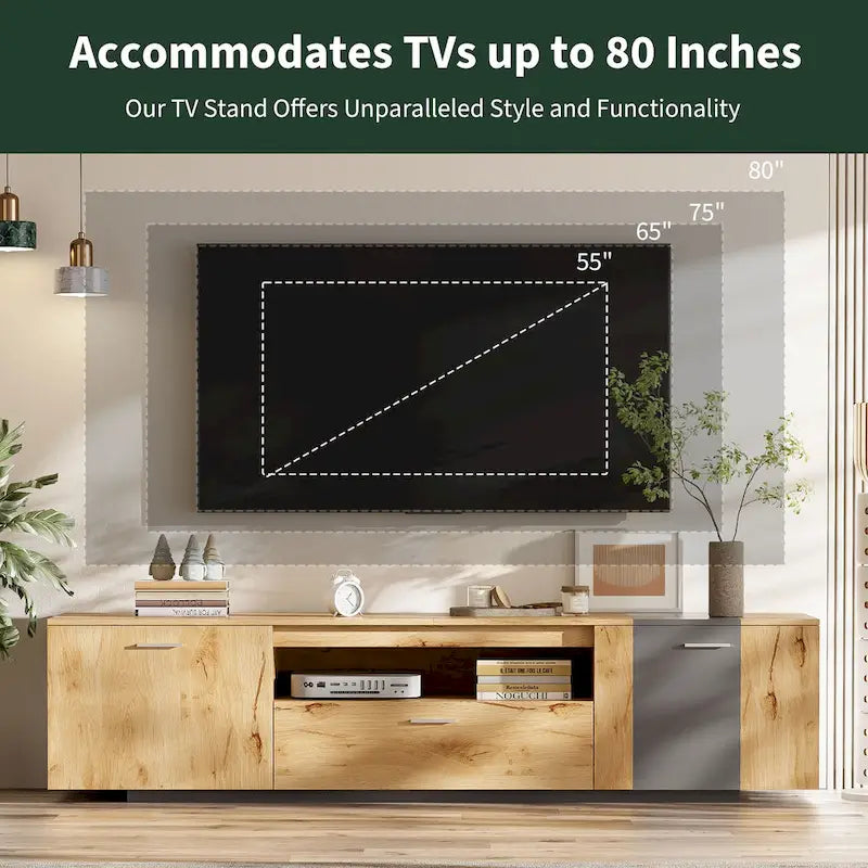 Meuble TV de 70,86" | Bois gris et naturel, 3 armoires et tiroir | Convient aux téléviseurs jusqu'à 80"