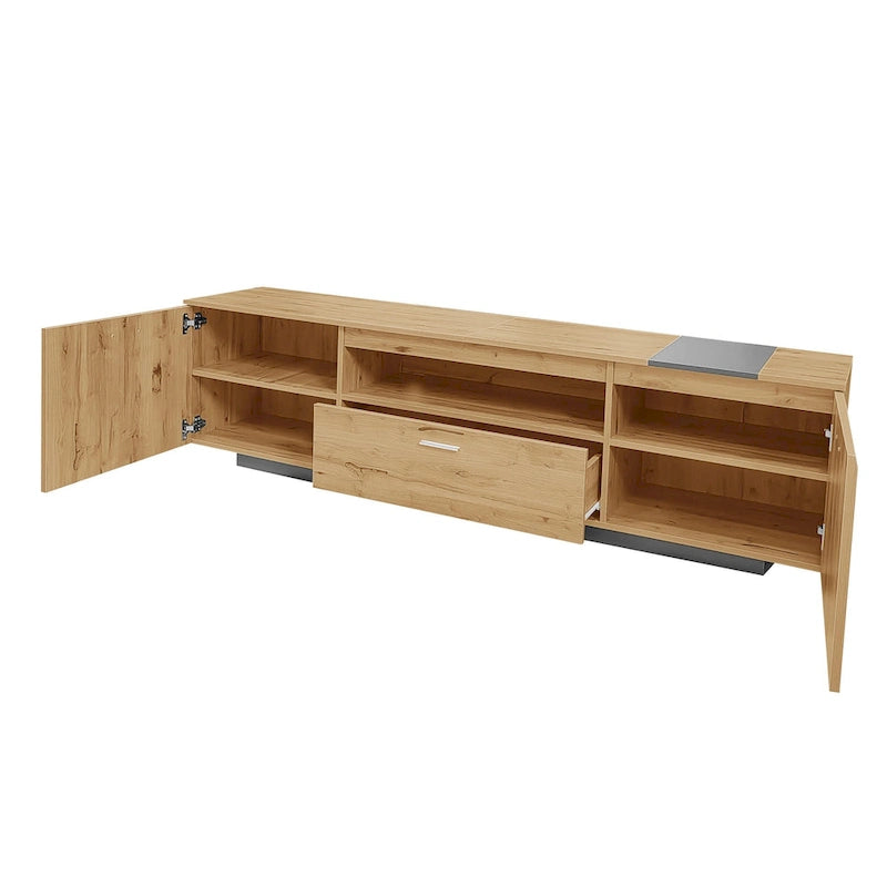 Meuble TV de 70,86" | Bois gris et naturel, 3 armoires et tiroir | Convient aux téléviseurs jusqu'à 80"