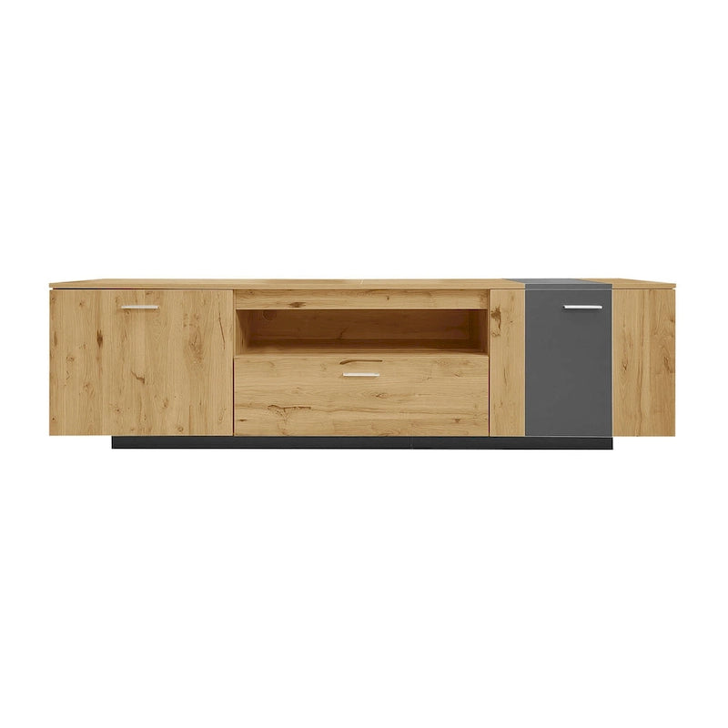 Meuble TV de 70,86" | Bois gris et naturel, 3 armoires et tiroir | Convient aux téléviseurs jusqu'à 80"