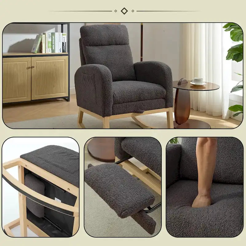 Fauteuil à bascule capitonné à dossier haut de 29,5 po | Pieds en bois massif, repose-pieds réglable