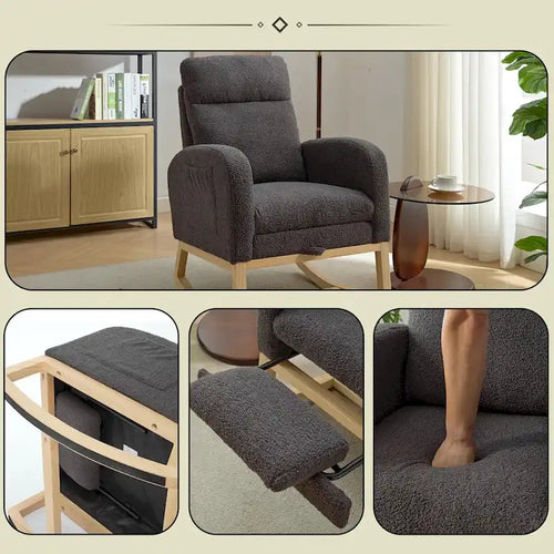 Fauteuil à bascule capitonné à dossier haut de 29,5 po | Pieds en bois massif, repose-pieds réglable