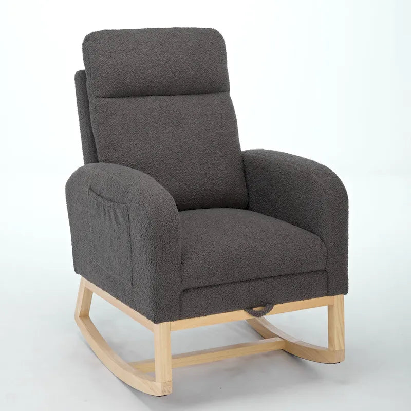 Fauteuil à bascule capitonné à dossier haut de 29,5 po | Pieds en bois massif, repose-pieds réglable
