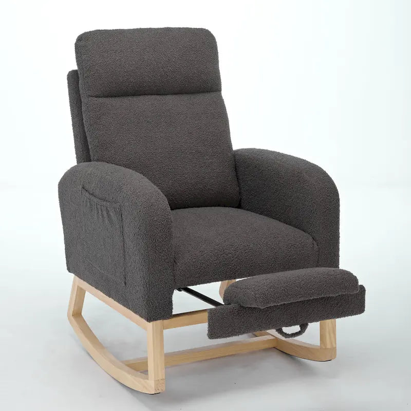 Fauteuil à bascule capitonné à dossier haut de 29,5 po | Pieds en bois massif, repose-pieds réglable