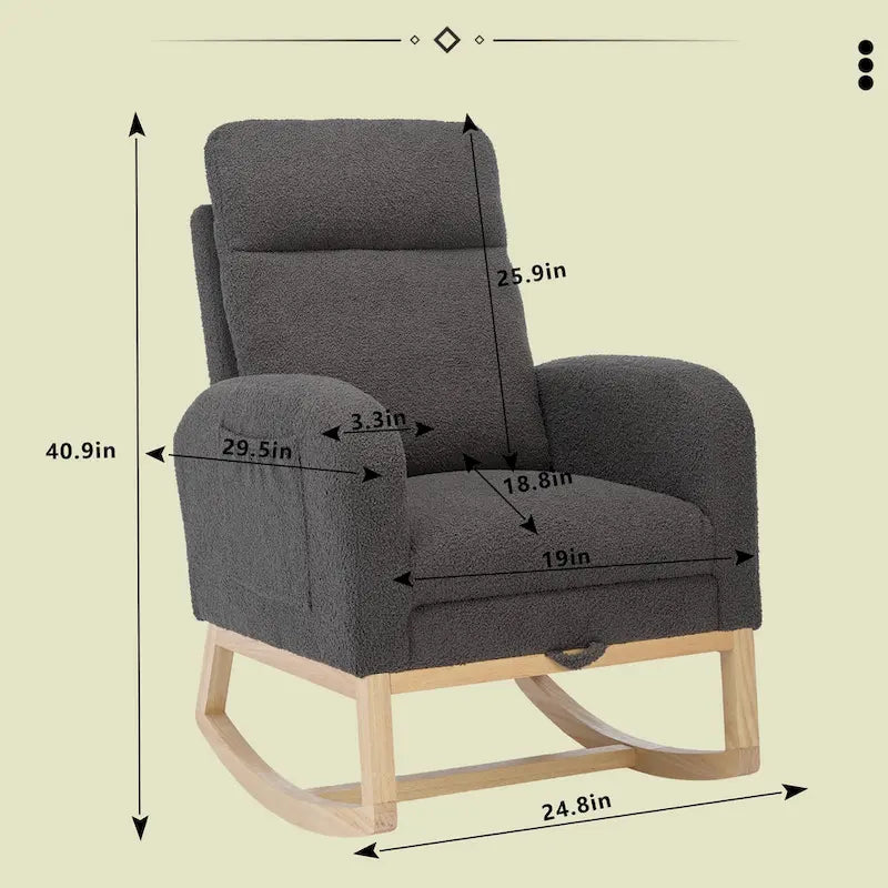 Fauteuil à bascule capitonné à dossier haut de 29,5 po | Pieds en bois massif, repose-pieds réglable
