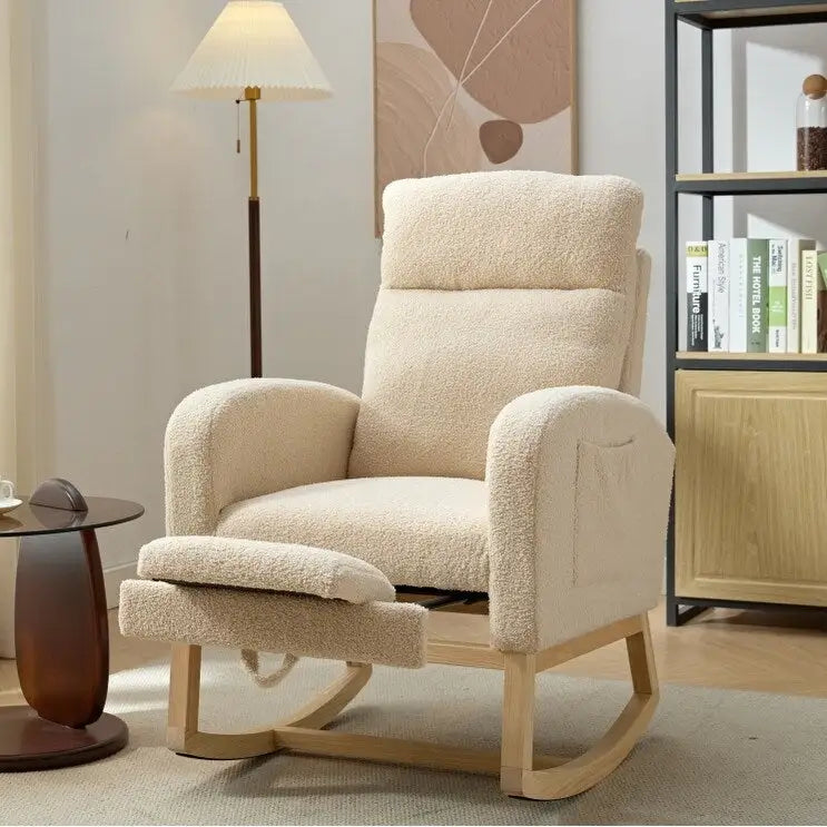 Fauteuil à bascule capitonné à dossier haut de 29,5 po | Pieds en bois massif, repose-pieds réglable