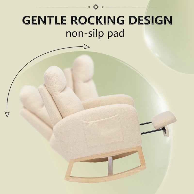 Fauteuil à bascule capitonné à dossier haut de 29,5 po | Pieds en bois massif, repose-pieds réglable