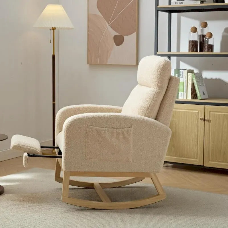 Fauteuil à bascule capitonné à dossier haut de 29,5 po | Pieds en bois massif, repose-pieds réglable