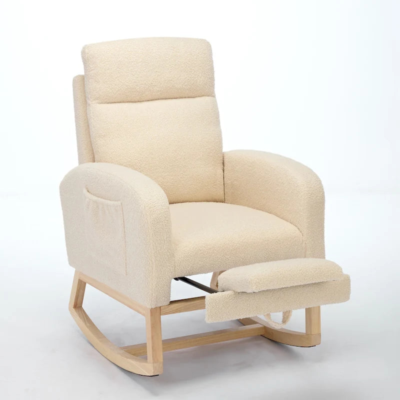 Fauteuil à bascule capitonné à dossier haut de 29,5 po | Pieds en bois massif, repose-pieds réglable