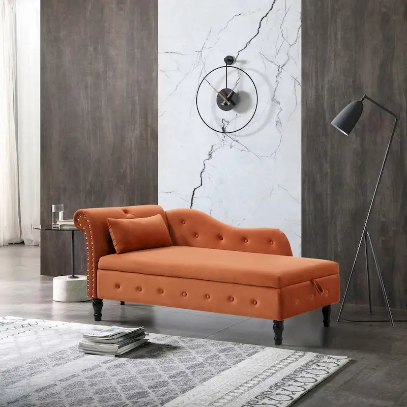 60" Orange Velvet Button Tufted Chaise Lounge Chair | Living Room Accent Lounger