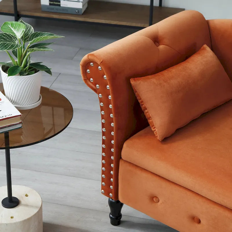 Chaise longue capitonnée en velours orange de 152 cm | Fauteuil d'appoint pour salon